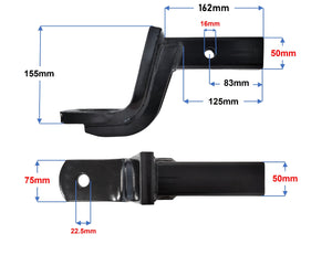 Dimensioned drawing of a 3500kg towball mount, 155mm drop, 162mm ball to pin