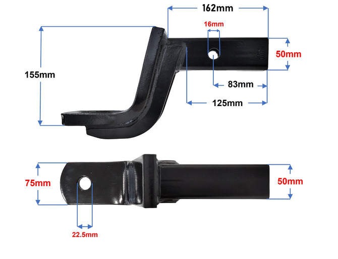 Dimensioned drawing of a 3500kg towball mount, 155mm drop, 162mm ball to pin