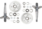 Exploded layout of Trojan 1500 kg disc-braked hub and stub-axle pair with bearings, seals and hardware