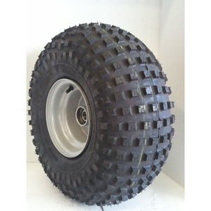 8 x 7 inch painted silver trailer rim fitted with a 22/11 x 8 knobby tyre and 25mm bearing