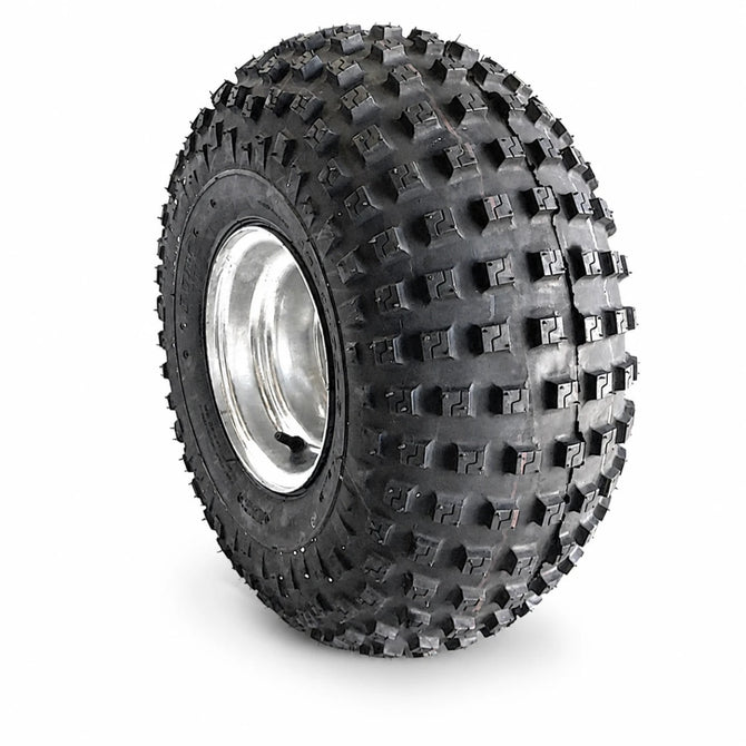 8 x 7 inch galvanised trailer rim fitted with a 22/11 x 8 tubeless knobby tyre