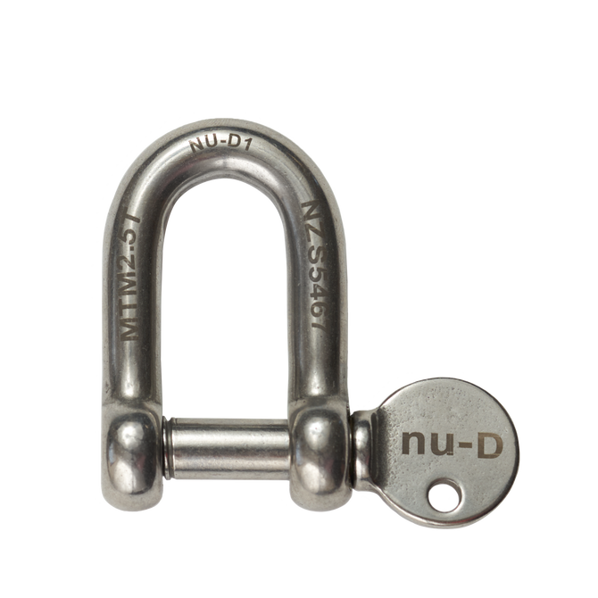 Nu-D 10mm stainless steel Dee shackle with captive pin, rated 2500kg MTM