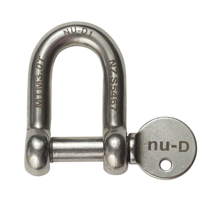 Nu-D 12mm stainless steel Dee shackle with captive pin, rated 3000kg MTM