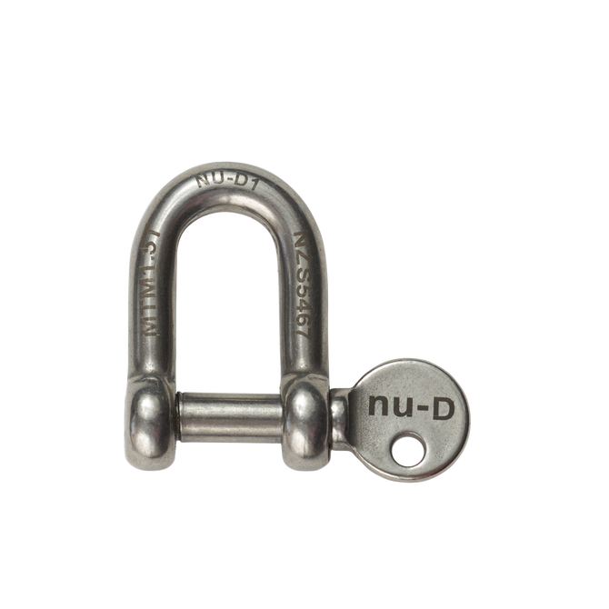 Nu-D 8mm stainless steel Dee shackle with captive pin, rated 1500kg MTM