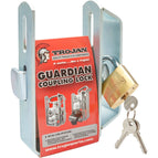Trojan Guardian coupling lock in retail packaging with padlock and keys